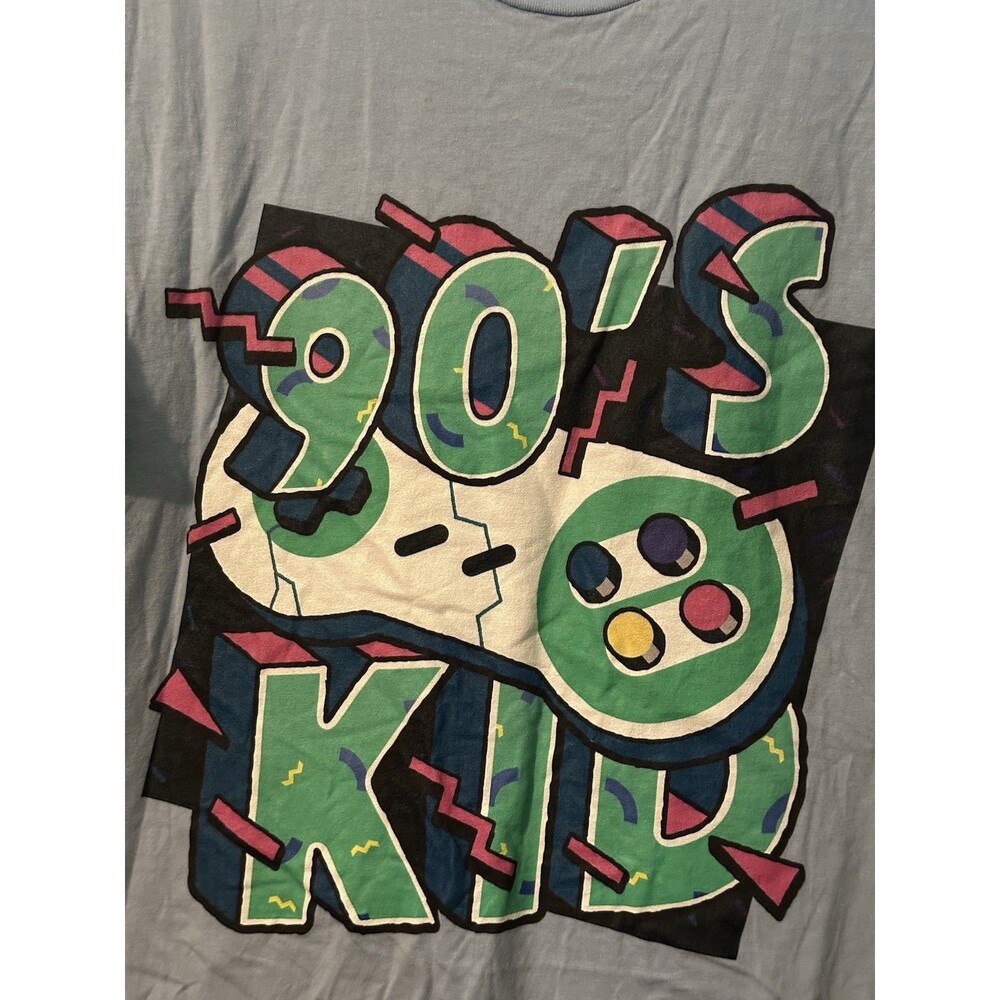 90's Kid XL Blue Graphic Print T Shirt Colorful Retro Design Comfort Soft